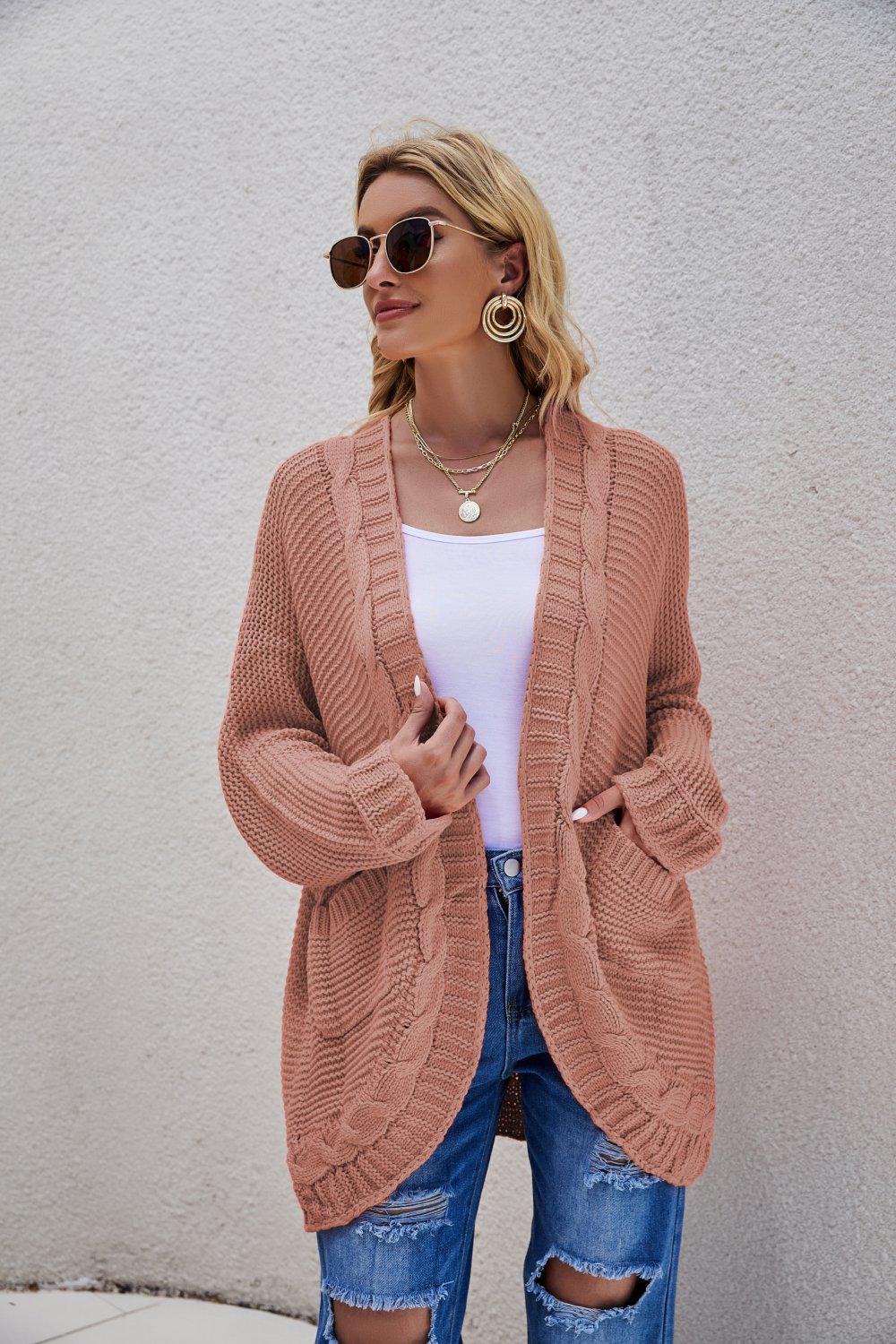 Cable-Knit Curved Hem Open Front Cardigan BLUE ZONE PLANET
