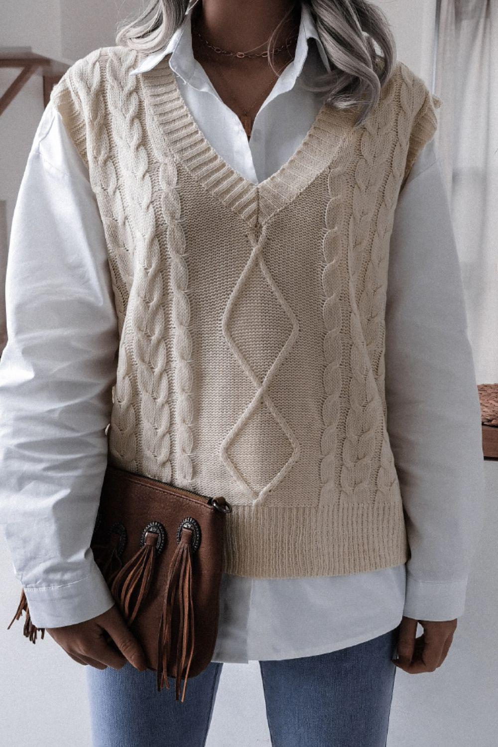 Cable-Knit V-Neck Sweater Vest BLUE ZONE PLANET
