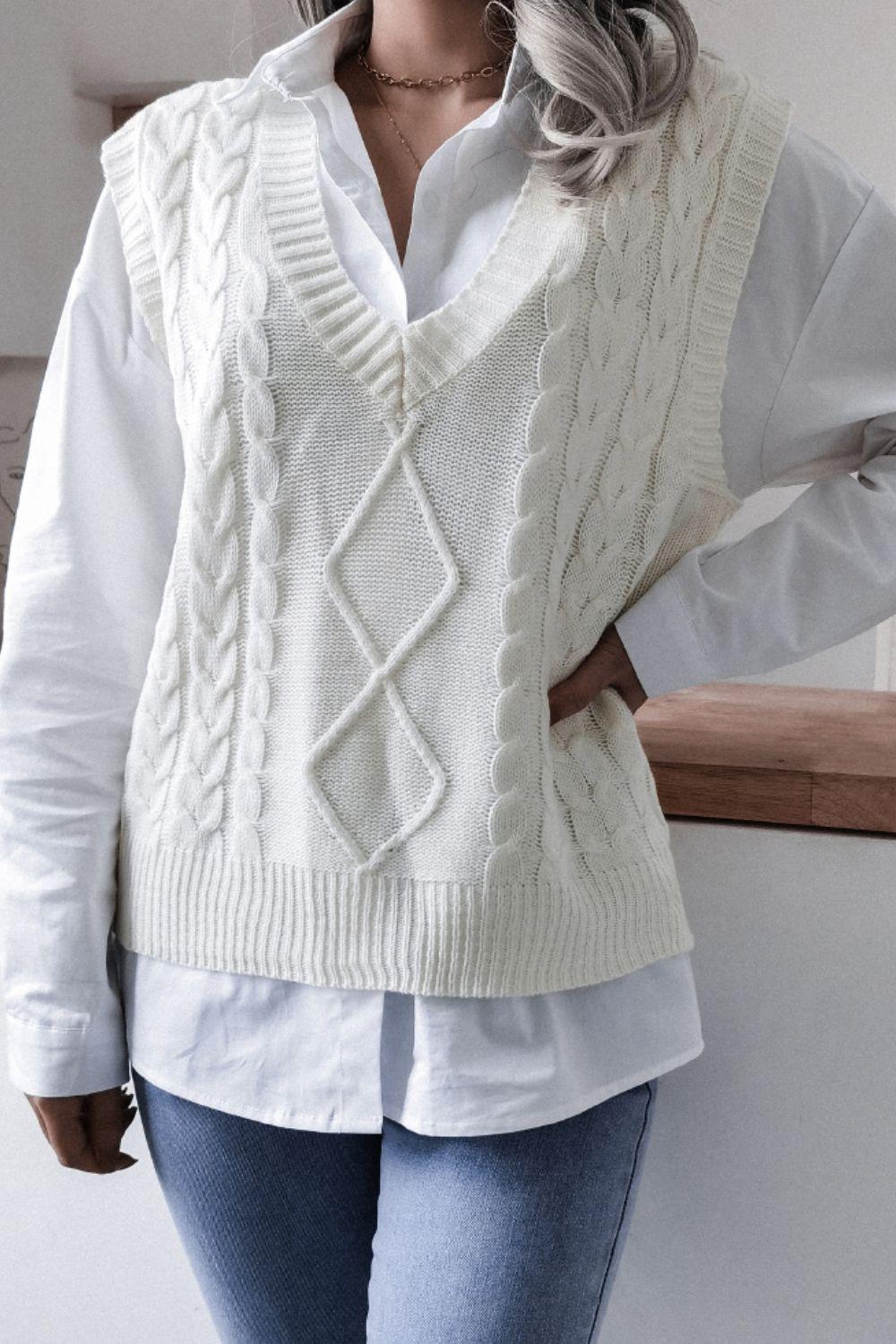 Cable-Knit V-Neck Sweater Vest BLUE ZONE PLANET