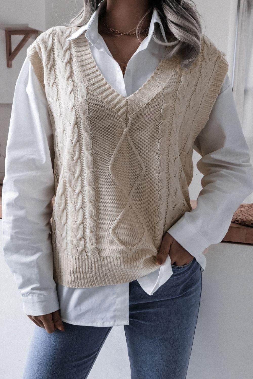 Cable-Knit V-Neck Sweater Vest BLUE ZONE PLANET