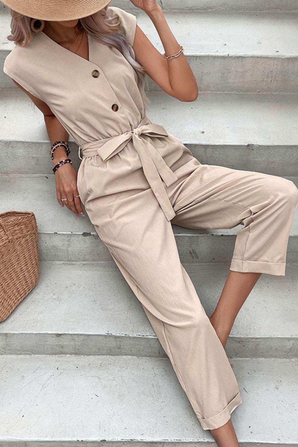Capped Sleeve Belted V-Neck Jumpsuit BLUE ZONE PLANET
