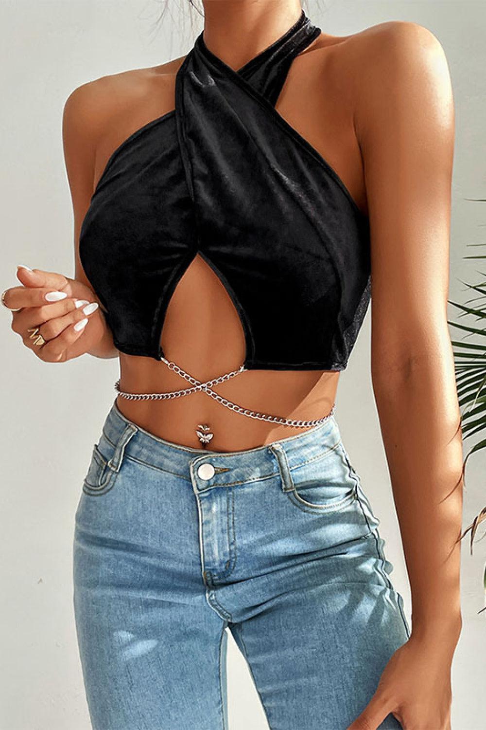 Chain Detail Halter Neck Velvet Cropped Top BLUE ZONE PLANET