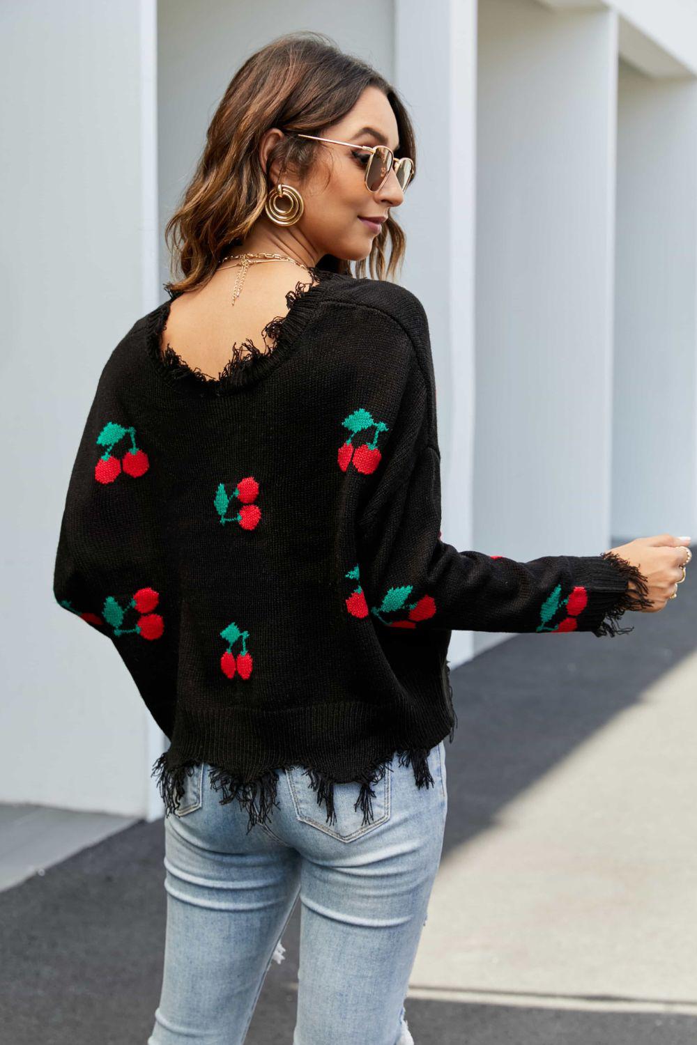 Cherry Pattern Frayed Trim V-Neck Sweater BLUE ZONE PLANET