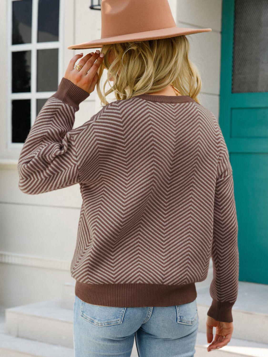 Chevron Ribbed Trim Dropped Shoulder Knit Pullover BLUE ZONE PLANET