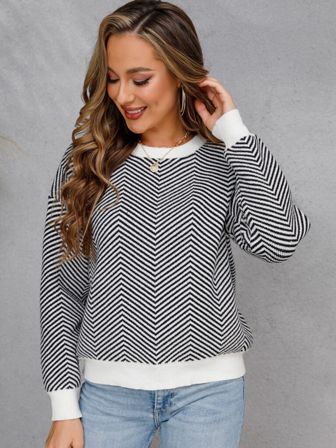 Chevron Ribbed Trim Dropped Shoulder Knit Pullover BLUE ZONE PLANET