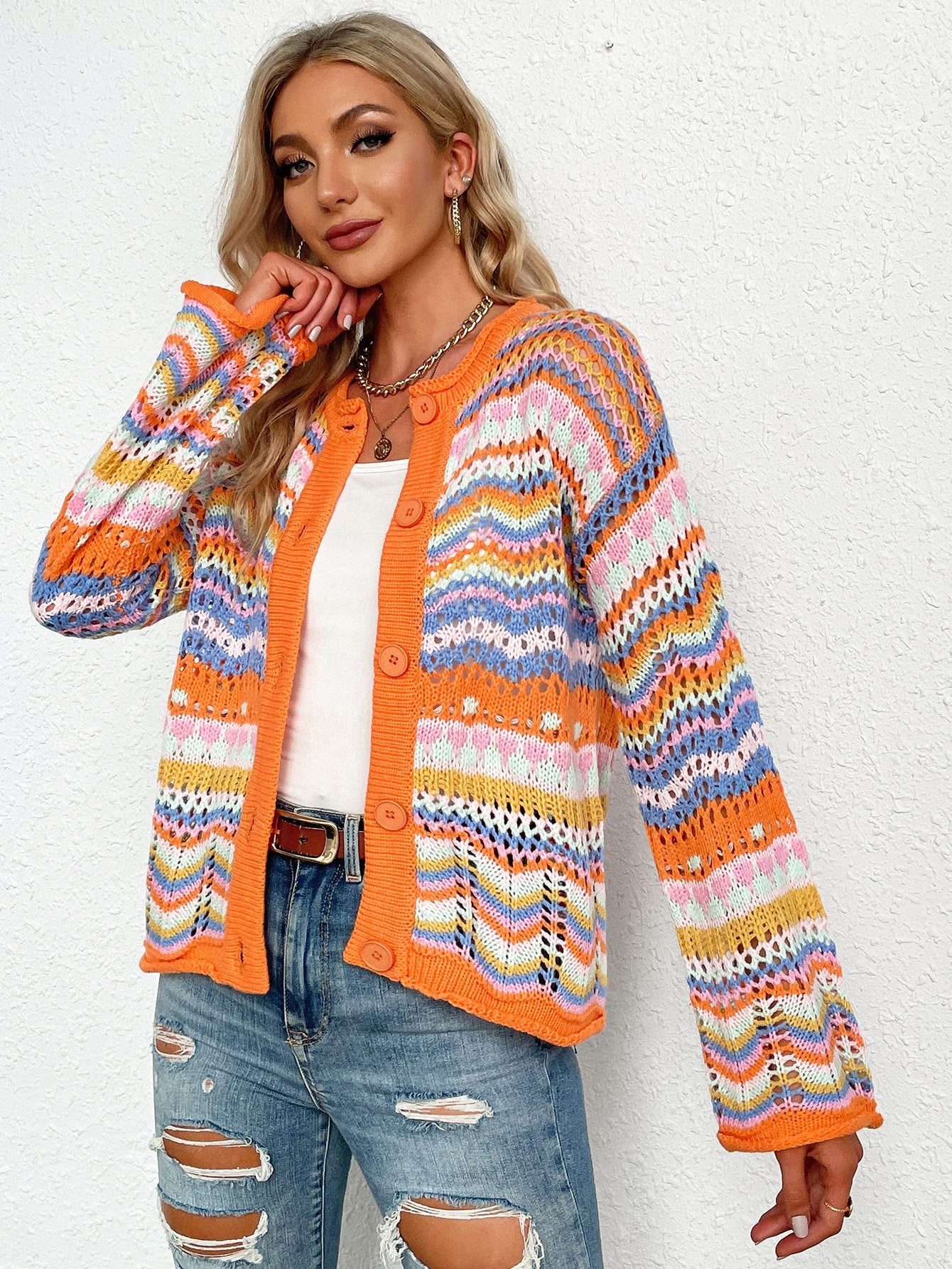 Chevron Stripes Openwork Cardigan BLUE ZONE PLANET