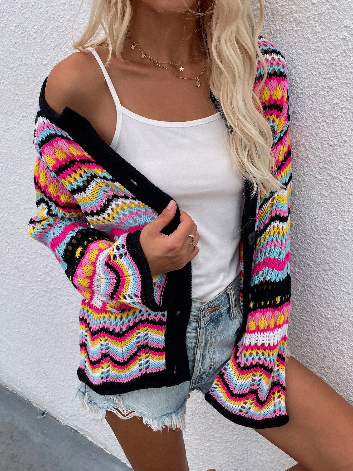 Chevron Stripes Openwork Cardigan BLUE ZONE PLANET