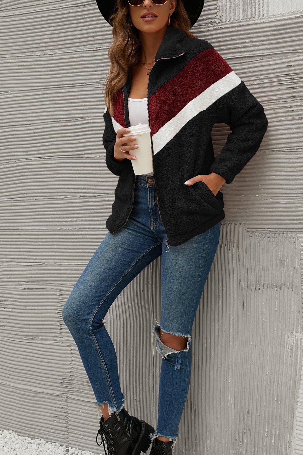 Chevron Zipper Up Teddy Jacket BLUE ZONE PLANET