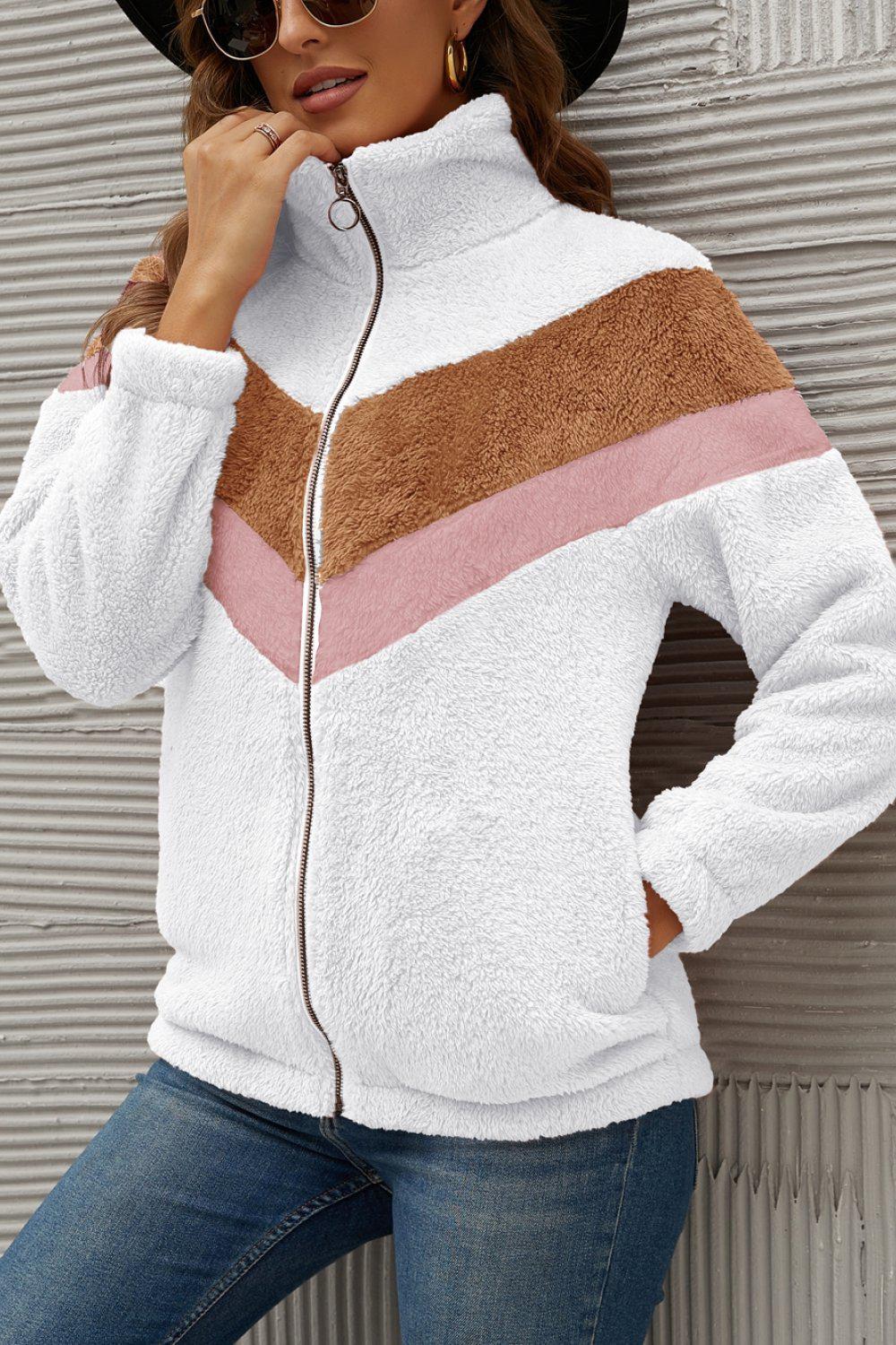 Chevron Zipper Up Teddy Jacket BLUE ZONE PLANET