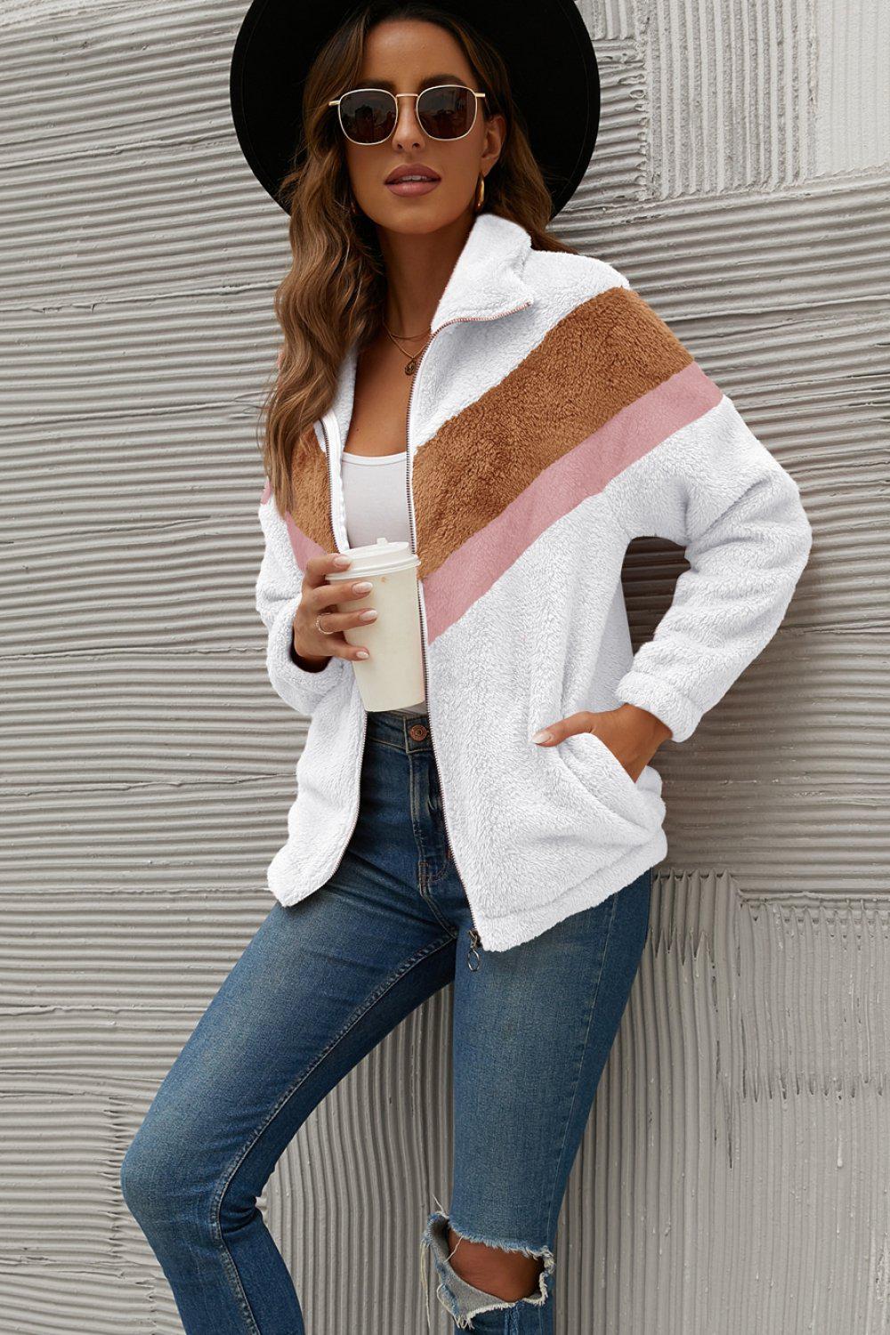 Chevron Zipper Up Teddy Jacket BLUE ZONE PLANET