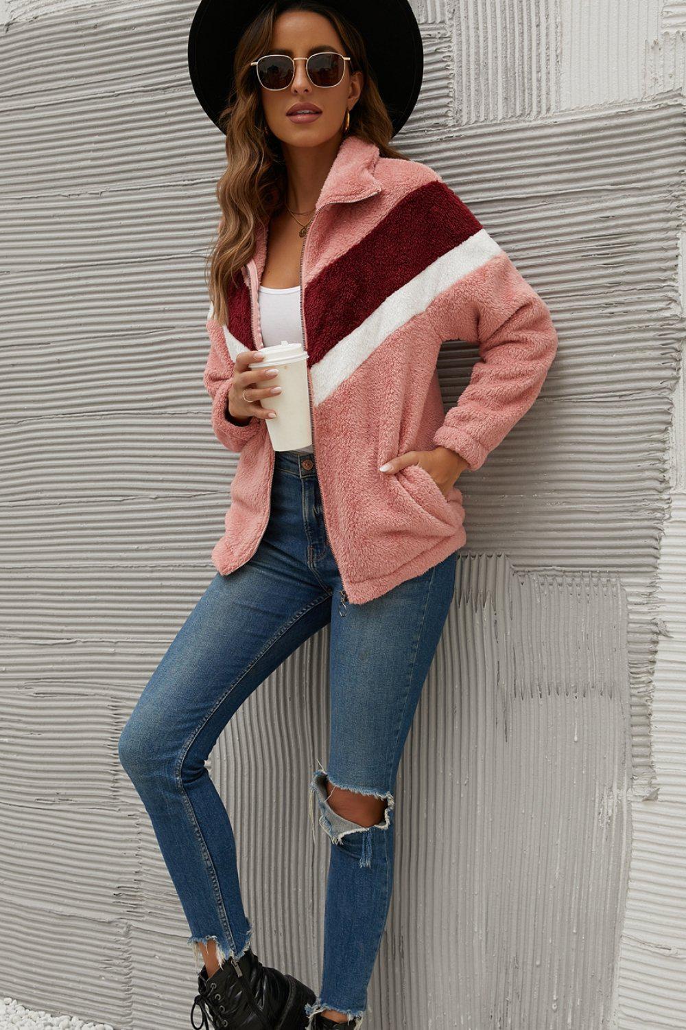 Chevron Zipper Up Teddy Jacket BLUE ZONE PLANET