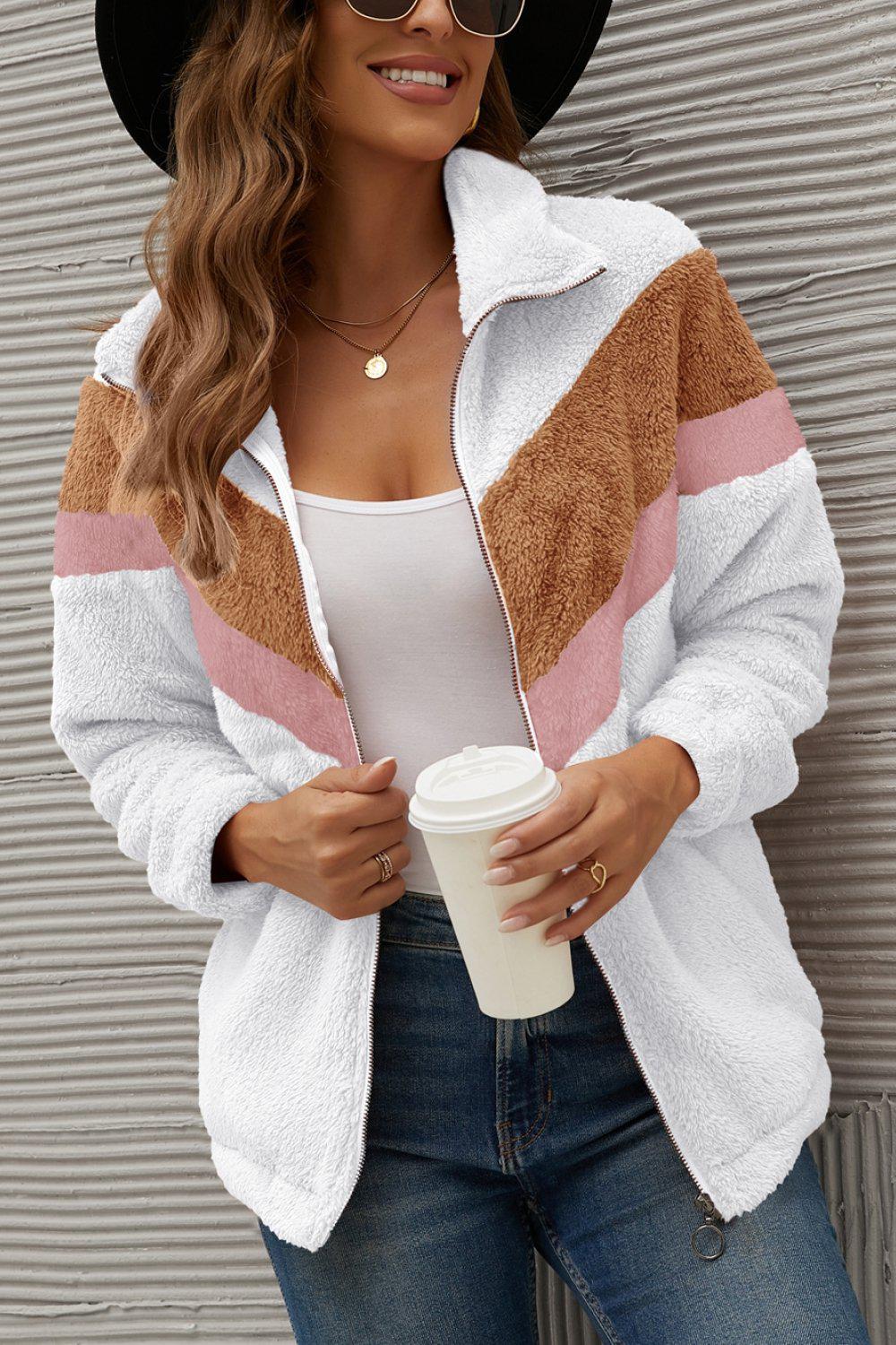 Chevron Zipper Up Teddy Jacket BLUE ZONE PLANET