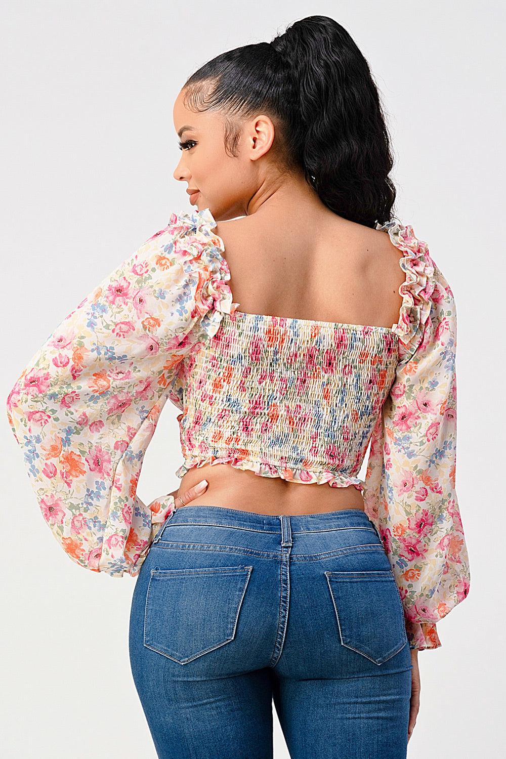 Chic Floral Sweetheart Smocked Body Blouse Top Blue Zone Planet