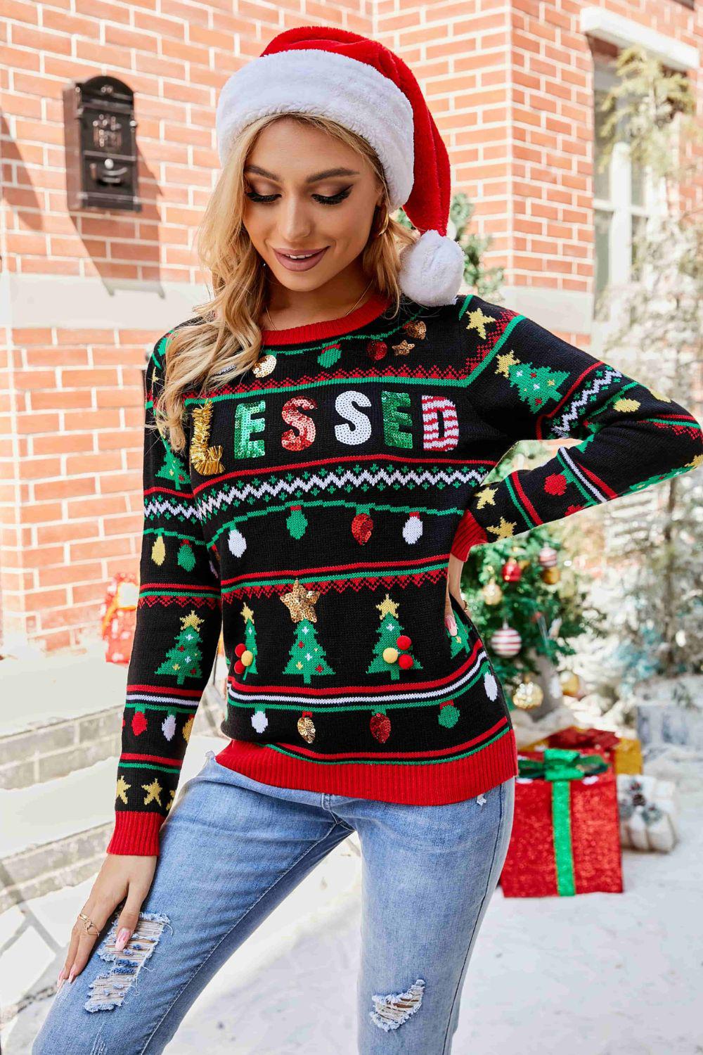 Christmas Print Sequin Round Neck Sweater BLUE ZONE PLANET