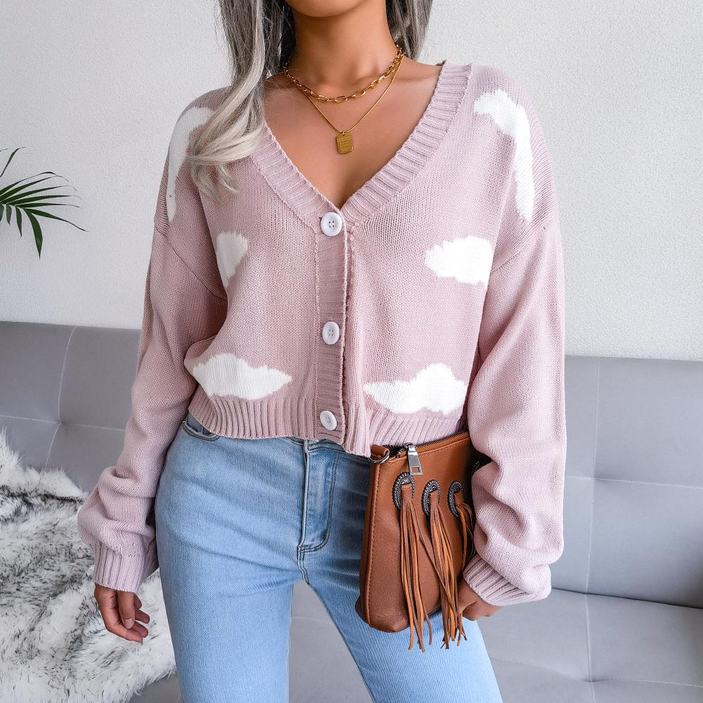 Cloud Print Button Down Ribbed Trim Cardigan BLUE ZONE PLANET