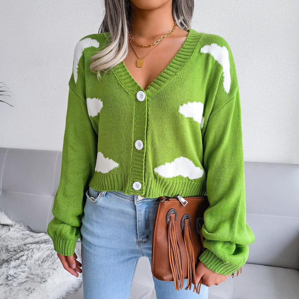 Cloud Print Button Down Ribbed Trim Cardigan BLUE ZONE PLANET