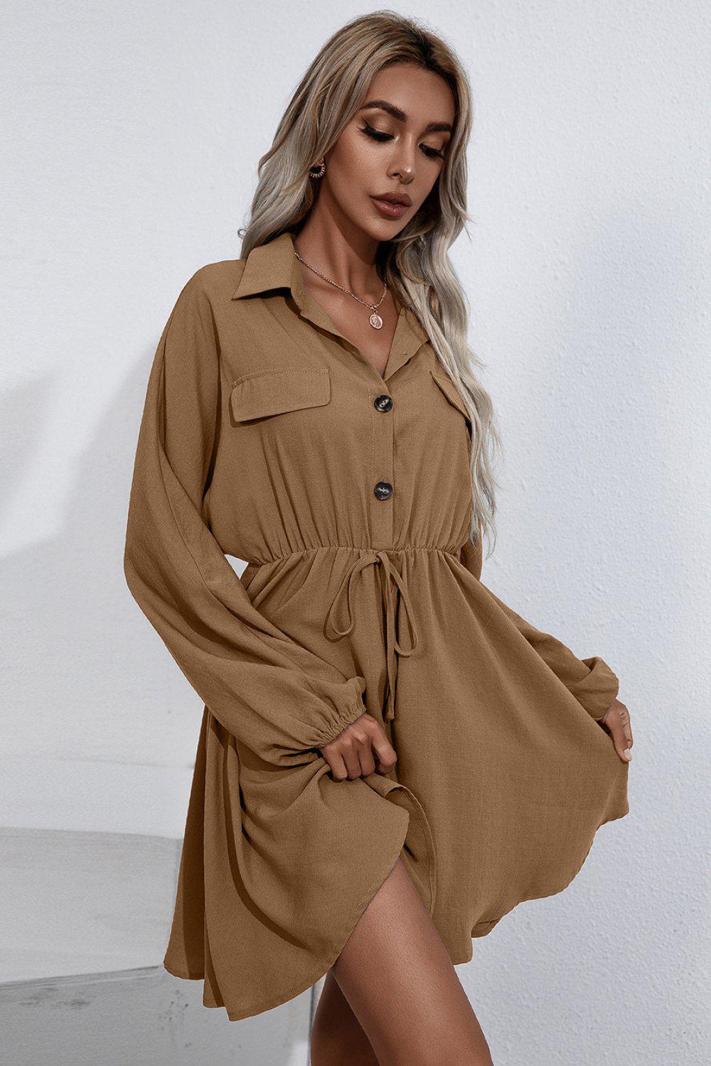 Collared Tie Waist Button Up Shirt Dress BLUE ZONE PLANET