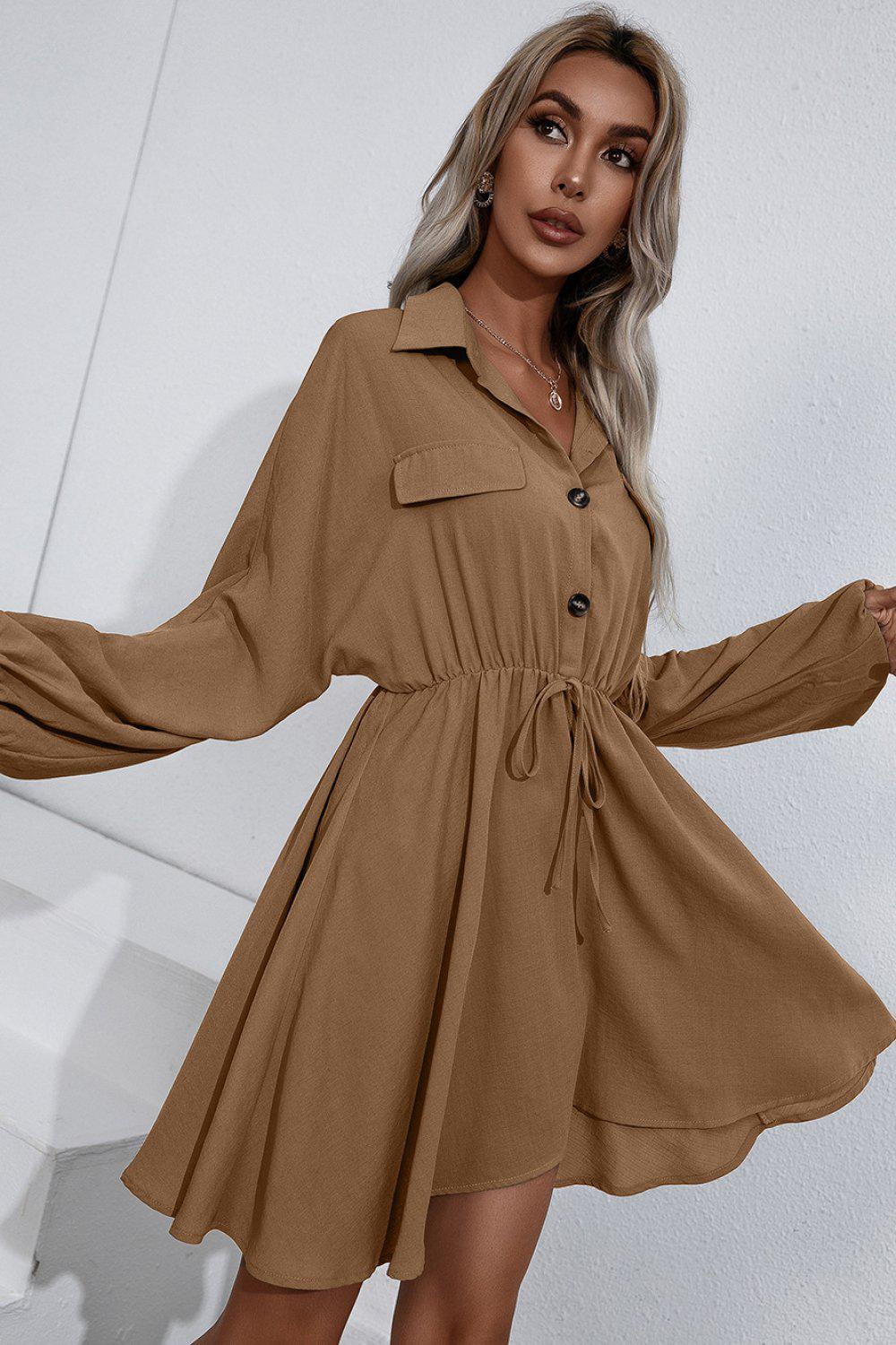 Collared Tie Waist Button Up Shirt Dress BLUE ZONE PLANET