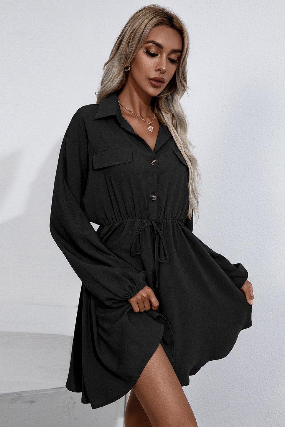Collared Tie Waist Button Up Shirt Dress BLUE ZONE PLANET