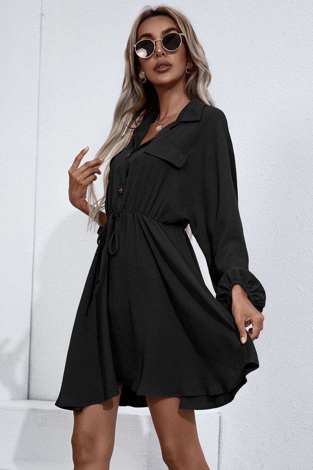 Collared Tie Waist Button Up Shirt Dress BLUE ZONE PLANET
