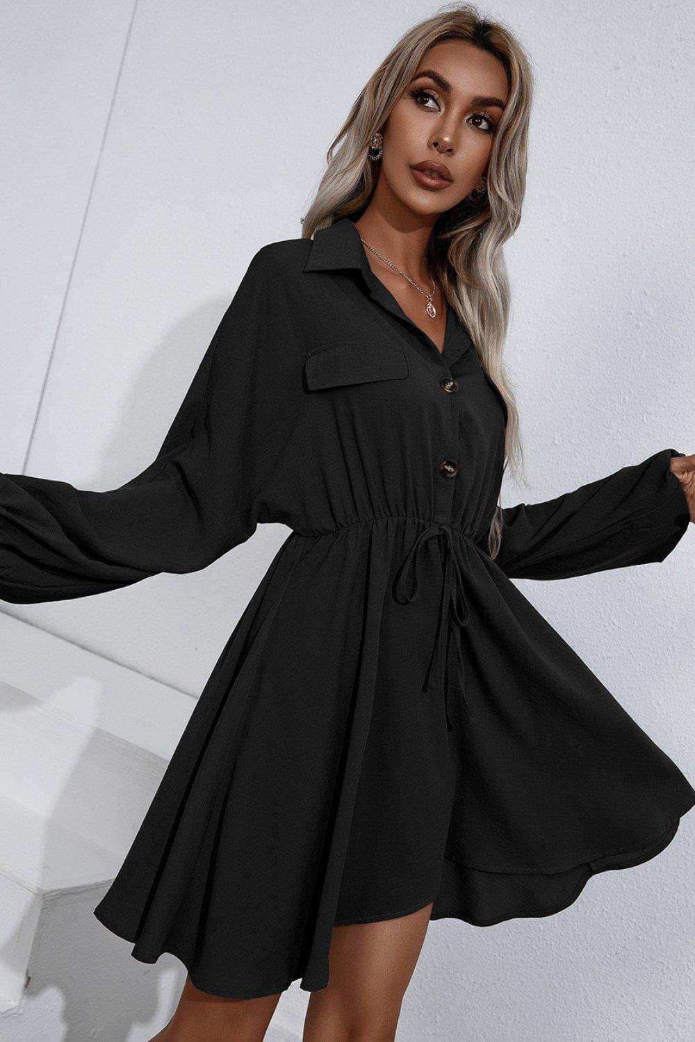 Collared Tie Waist Button Up Shirt Dress BLUE ZONE PLANET