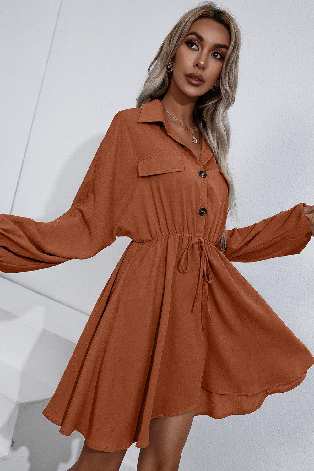 Collared Tie Waist Button Up Shirt Dress BLUE ZONE PLANET