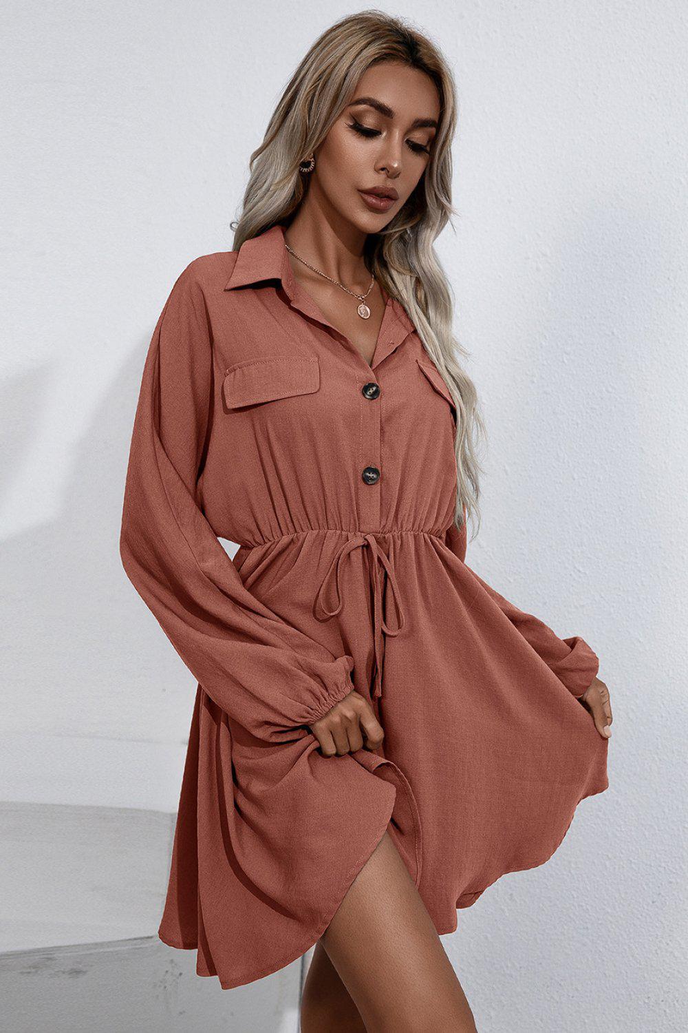 Collared Tie Waist Button Up Shirt Dress BLUE ZONE PLANET