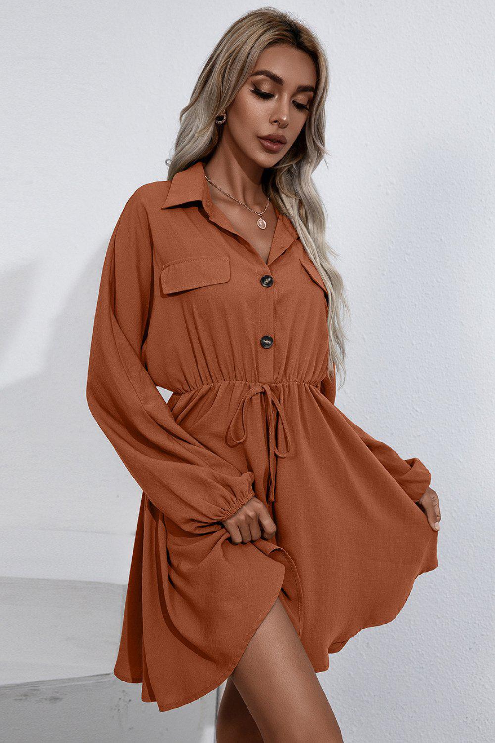 Collared Tie Waist Button Up Shirt Dress BLUE ZONE PLANET