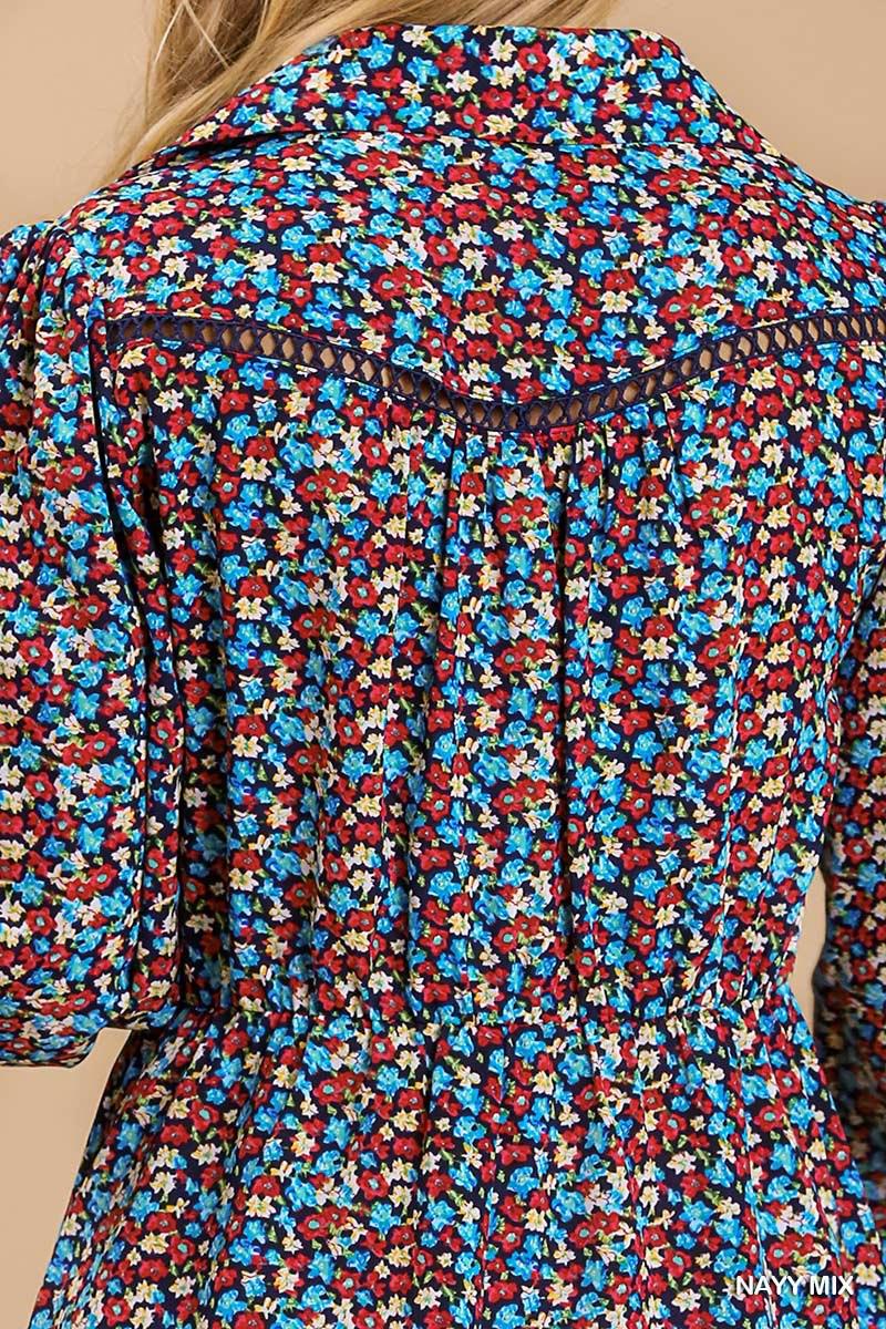 Collared neckline button down floral print dress with crochet trimmed details Blue Zone Planet