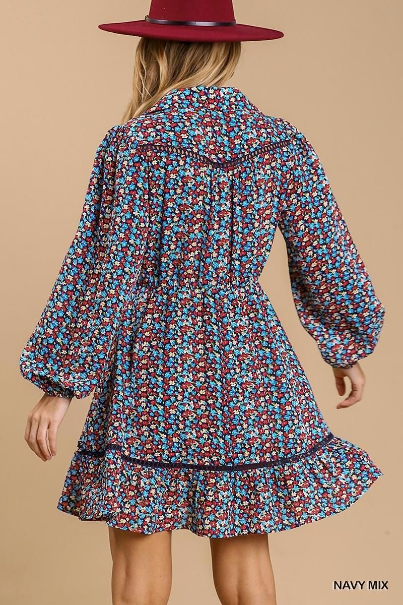 Collared neckline button down floral print dress with crochet trimmed details Blue Zone Planet