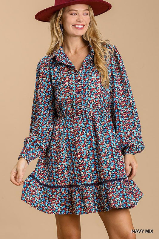 Collared neckline button down floral print dress with crochet trimmed details Blue Zone Planet