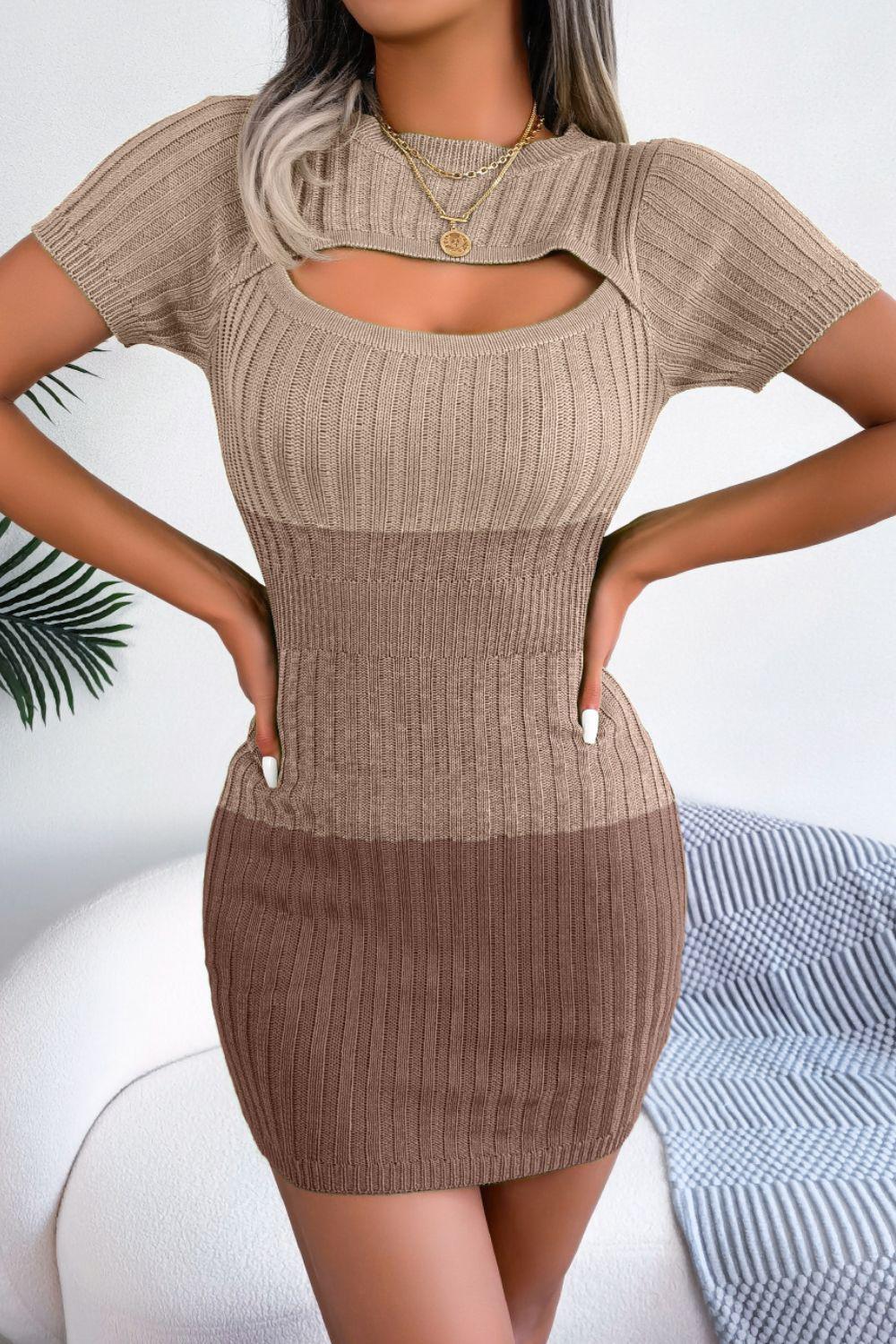 Color Block Cutout Short Sleeve Sweater Dress BLUE ZONE PLANET