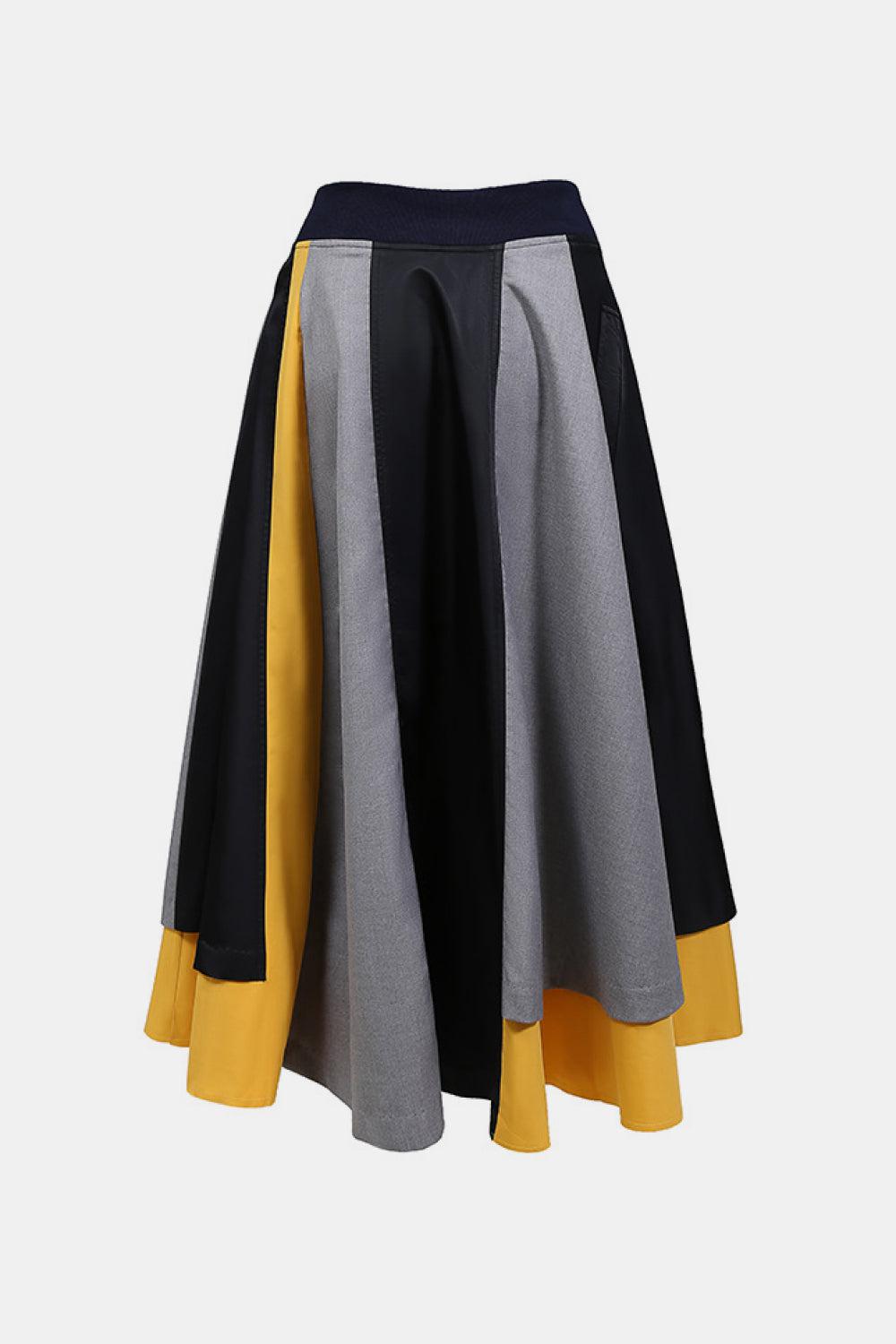 Color Block High Waist A-Line Skirt BLUE ZONE PLANET