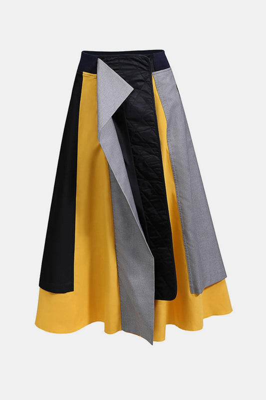 Color Block High Waist A-Line Skirt BLUE ZONE PLANET