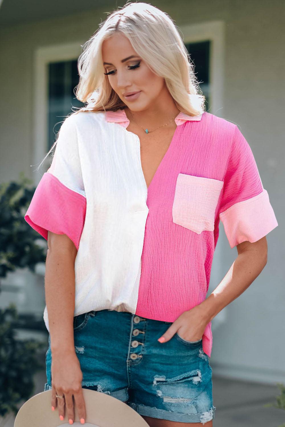 Color Block Textured Johnny Collar Blouse BLUE ZONE PLANET