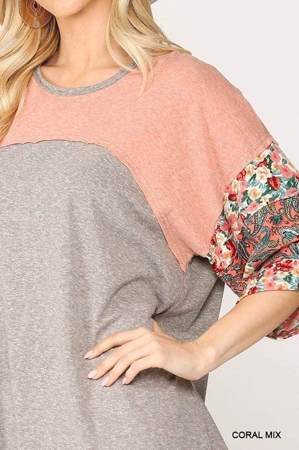 Colorblock Knit And Floral Print Mixed Top With Dolman Sleeve Blue Zone Planet