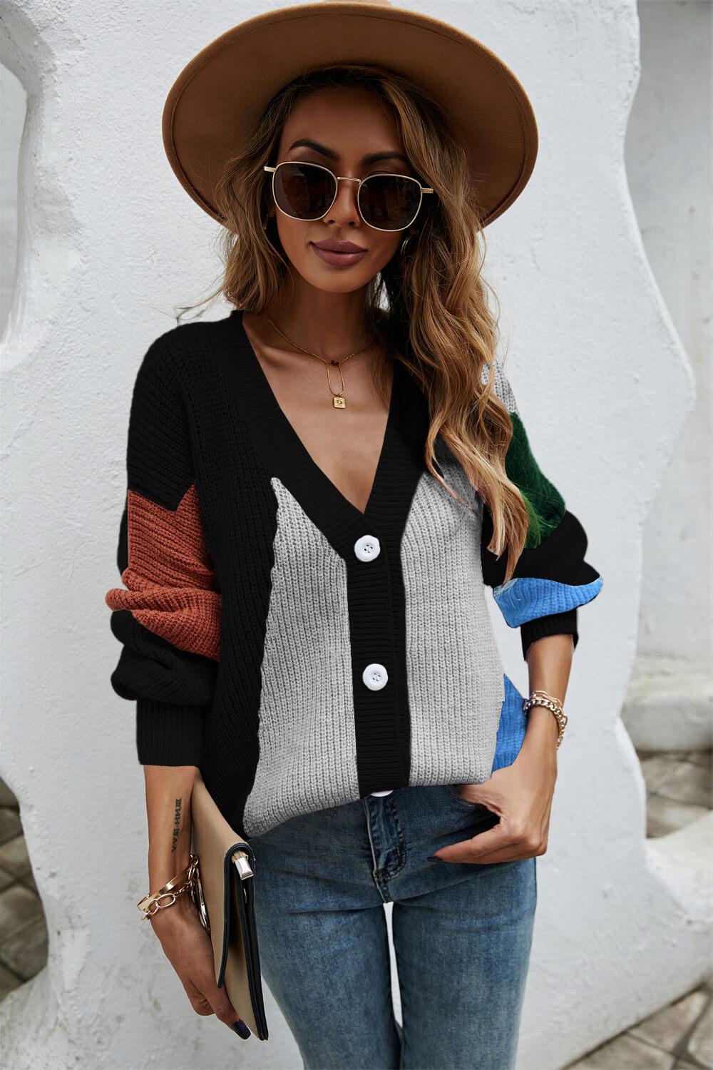 Contrast Button Front V-Neck Cardigan BLUE ZONE PLANET