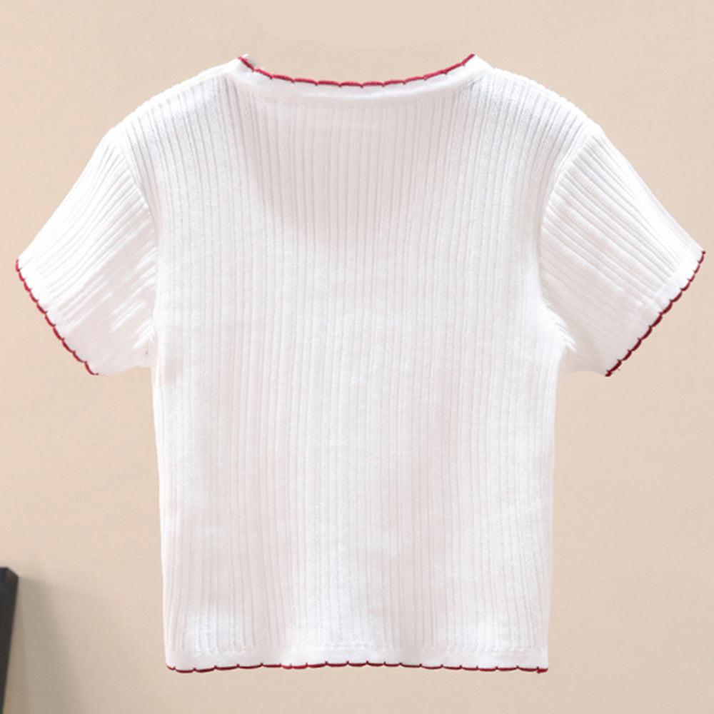 Contrast Decorative Button Short Sleeve Knit Top BLUE ZONE PLANET