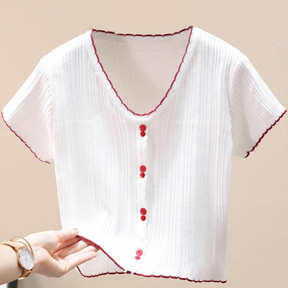 Contrast Decorative Button Short Sleeve Knit Top BLUE ZONE PLANET