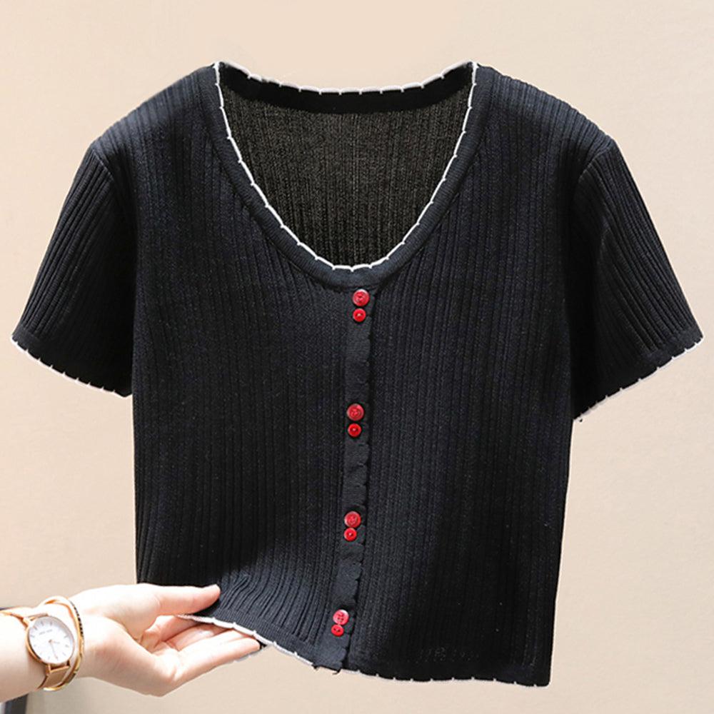 Contrast Decorative Button Short Sleeve Knit Top BLUE ZONE PLANET