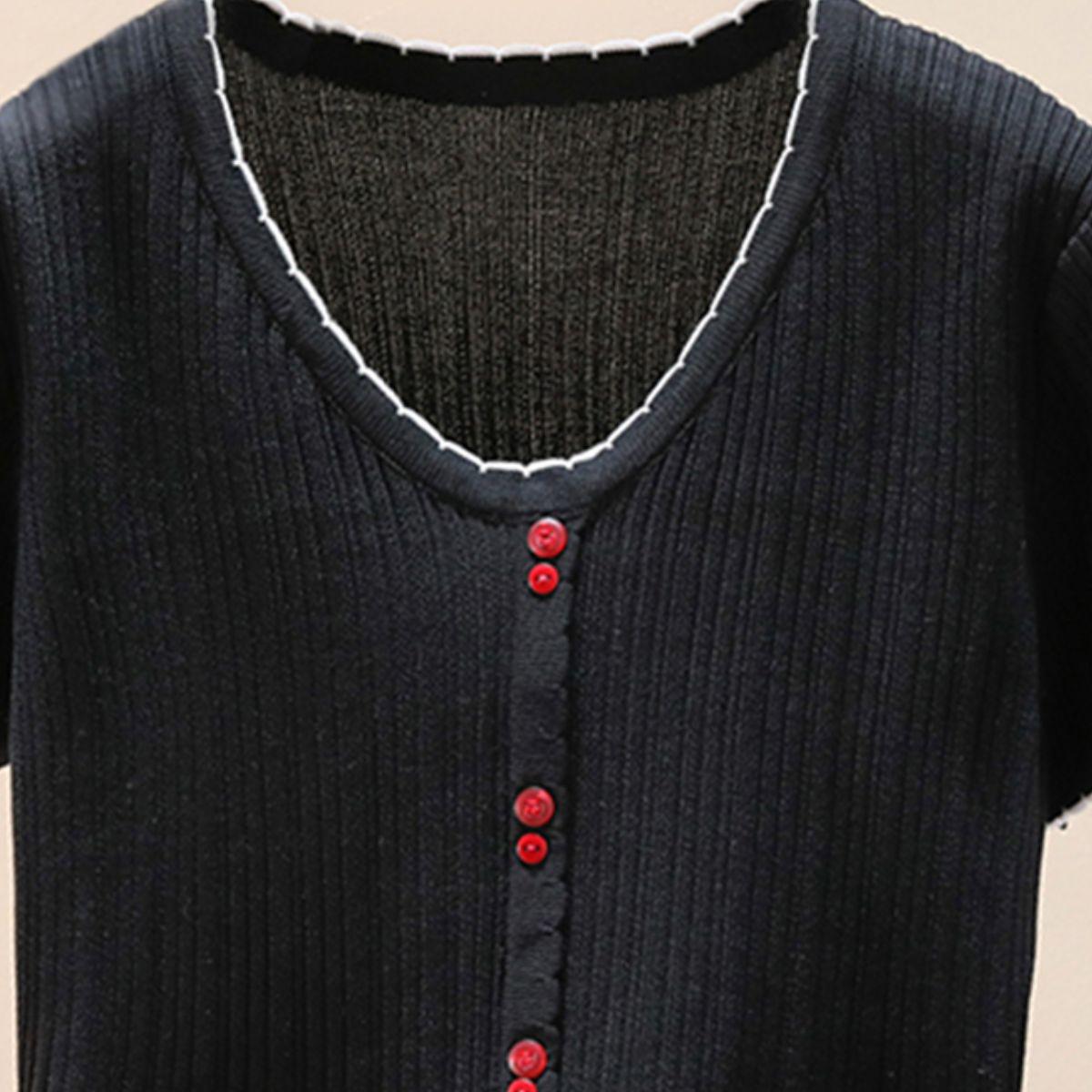 Contrast Decorative Button Short Sleeve Knit Top BLUE ZONE PLANET
