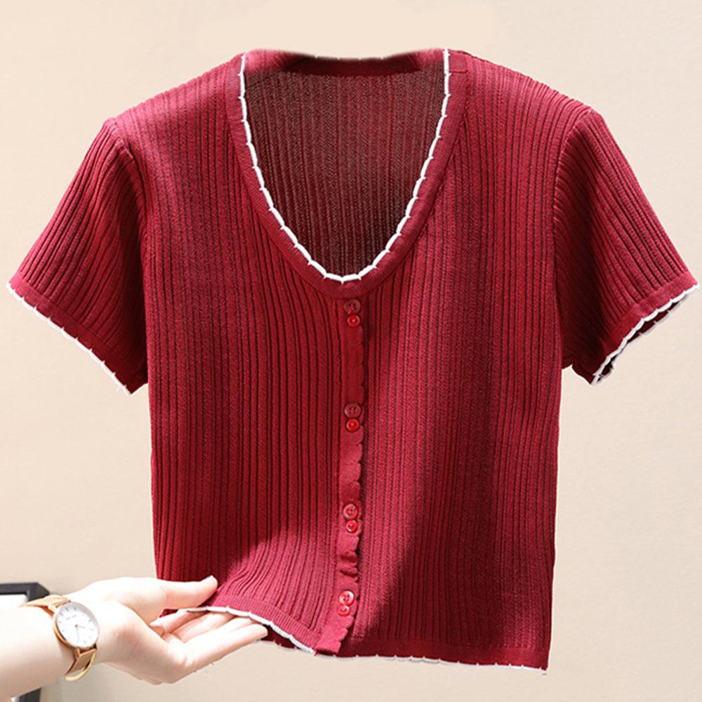 Contrast Decorative Button Short Sleeve Knit Top BLUE ZONE PLANET