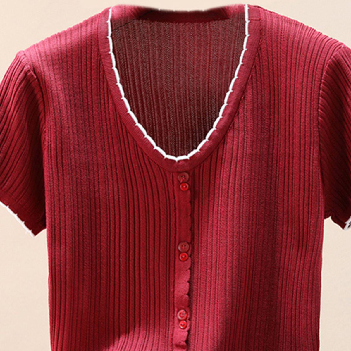 Contrast Decorative Button Short Sleeve Knit Top BLUE ZONE PLANET