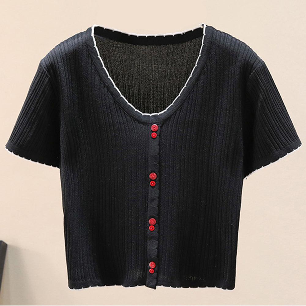 Contrast Decorative Button Short Sleeve Knit Top BLUE ZONE PLANET