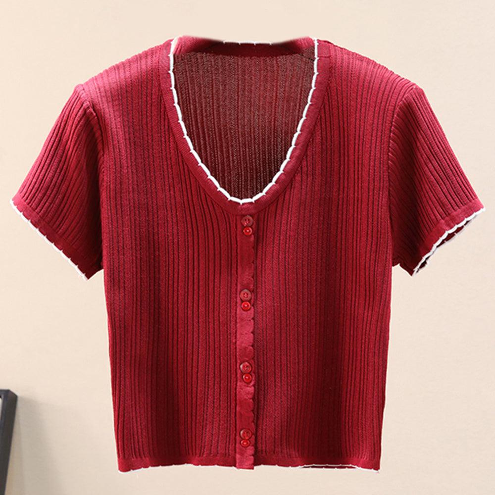 Contrast Decorative Button Short Sleeve Knit Top BLUE ZONE PLANET