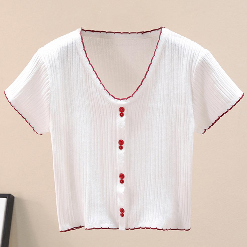 Contrast Decorative Button Short Sleeve Knit Top BLUE ZONE PLANET