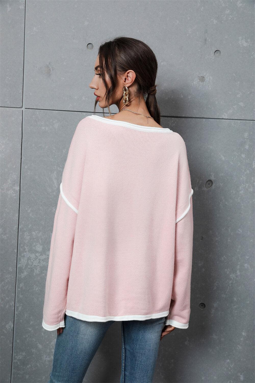 Contrast Detail Dropped Shoulder Knit Pullover BLUE ZONE PLANET