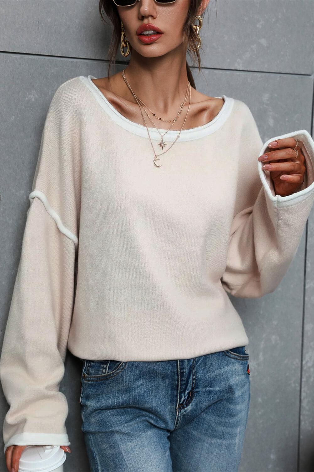 Contrast Detail Dropped Shoulder Knit Pullover BLUE ZONE PLANET