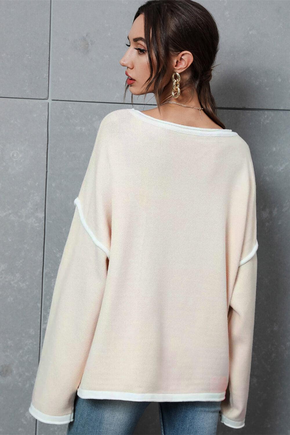 Contrast Detail Dropped Shoulder Knit Pullover BLUE ZONE PLANET