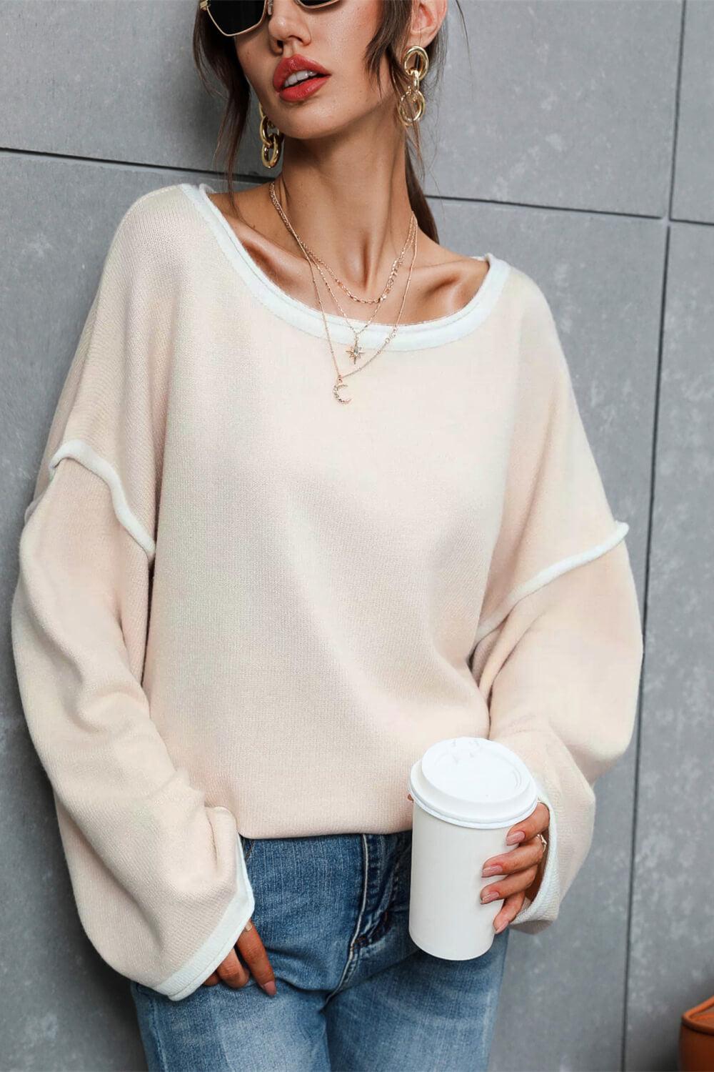 Contrast Detail Dropped Shoulder Knit Pullover BLUE ZONE PLANET